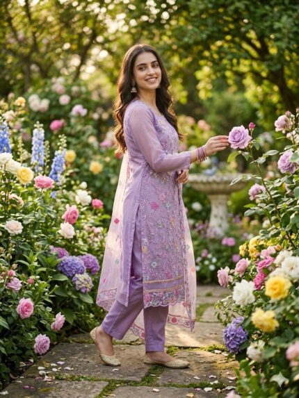 organza silk oll over Embroidery work dress material top bottom dupatta kgm brand