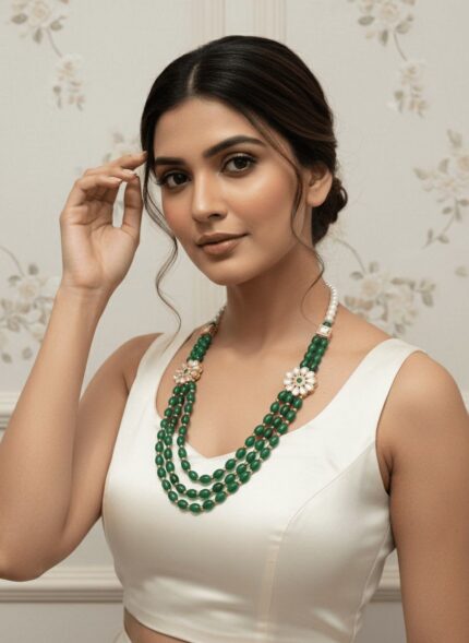 Multi-Layered Pearl Mala Necklace for Women with Designer Stone Brooches Kgm Brand