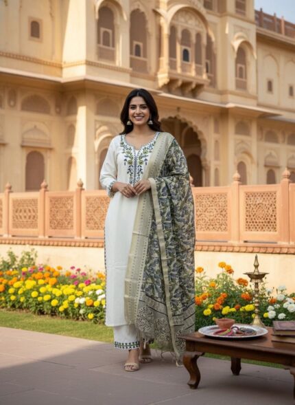 Womens Festival And Daily wear Khadi Cotton with Beautiful Embroidery Full Three Piece Pair