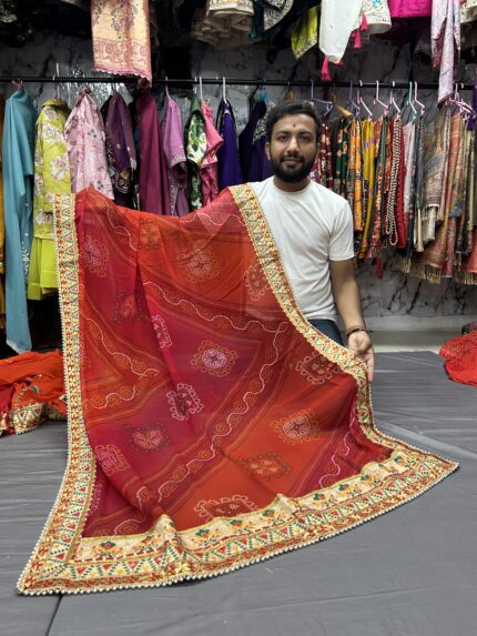 Rajasthani Gota Patti Saree with Bandhani Print For Women Kgm Brand Red Orange