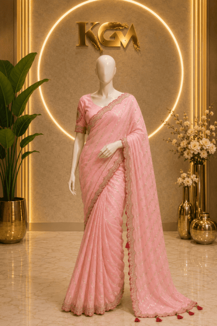KGM Brand Fendy Silk Saree with Sequence & Jarkan Stone Work (Dulha-Dulhan Patch Blouse)