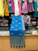 Royal Blue Kalamkari Style Silk Printed Dupatta with Traditional Border and Tassels by KGM Brand