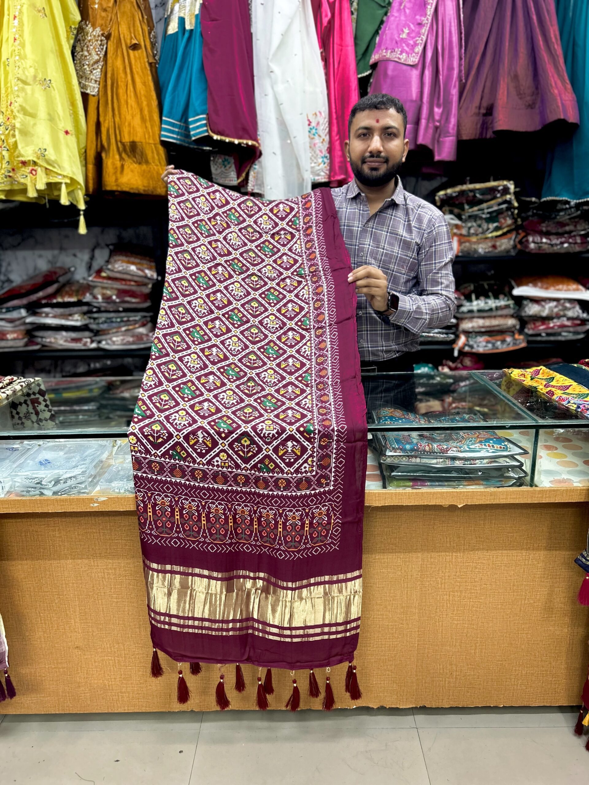 WhatsApp Image 2026-07-11 at 4.34.42 PM Gaji Silk Lagadi Pato Style Printed Dupatta for Women KGM Brand Gaji Silk Traditional Dupatta Designer Gaji Silk Ethnic Dupatta with Tassels Women's Printed Gaji Silk Dupatta Premium Lagadi Pato Style Dupatta