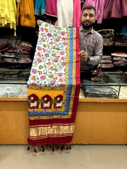 Gaji Silk Lagadi Pato Style Printed Dupatta for Women KGM Brand Gaji Silk Traditional Dupatta Designer Gaji Silk Ethnic Dupatta with Tassels Women's Printed Gaji Silk Dupatta Premium Lagadi Pato Style Dupatta
