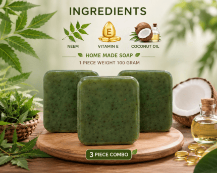 VIHU M Organic Neem Soap | Handmade Bath Soap with Dry Neem, Vitamin E & Coconut Oil | 3 x 100g