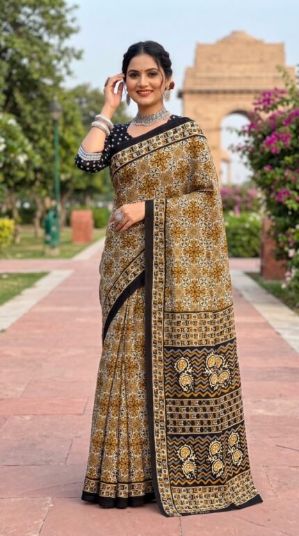 Lightweight Saree For Women Pure Cotton Bagru Print Saree With Blouse Piece Kgm Brand