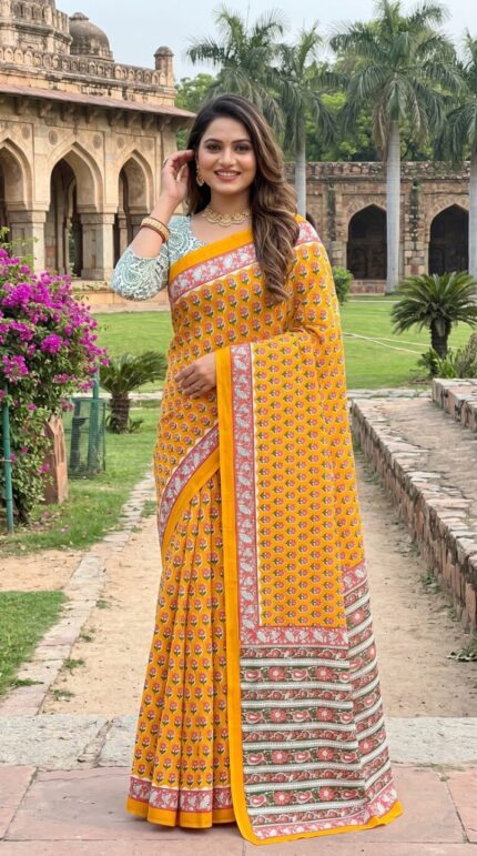 Party Wear Cotton Saree Yellow Printed Saree Haldi Wear Saree With Blouse Piece
