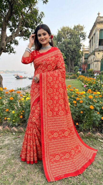 Festive Wear Mul cotton Printed saree for women Wedding Saree With Blouse Piece Kgm Brand